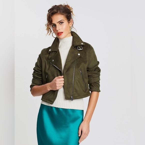 TOPSHOP NWOT George Faux‎ Suede Biker Jacket in Olive Green - Picture 1 of 8